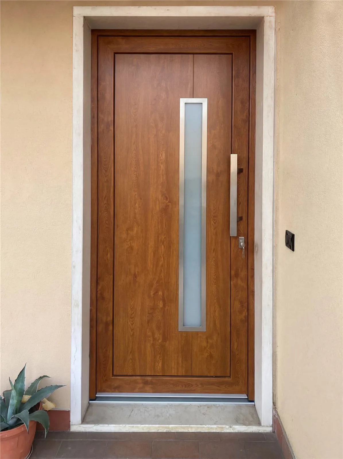 Portoncino effetto legno con vetro e cornice inox