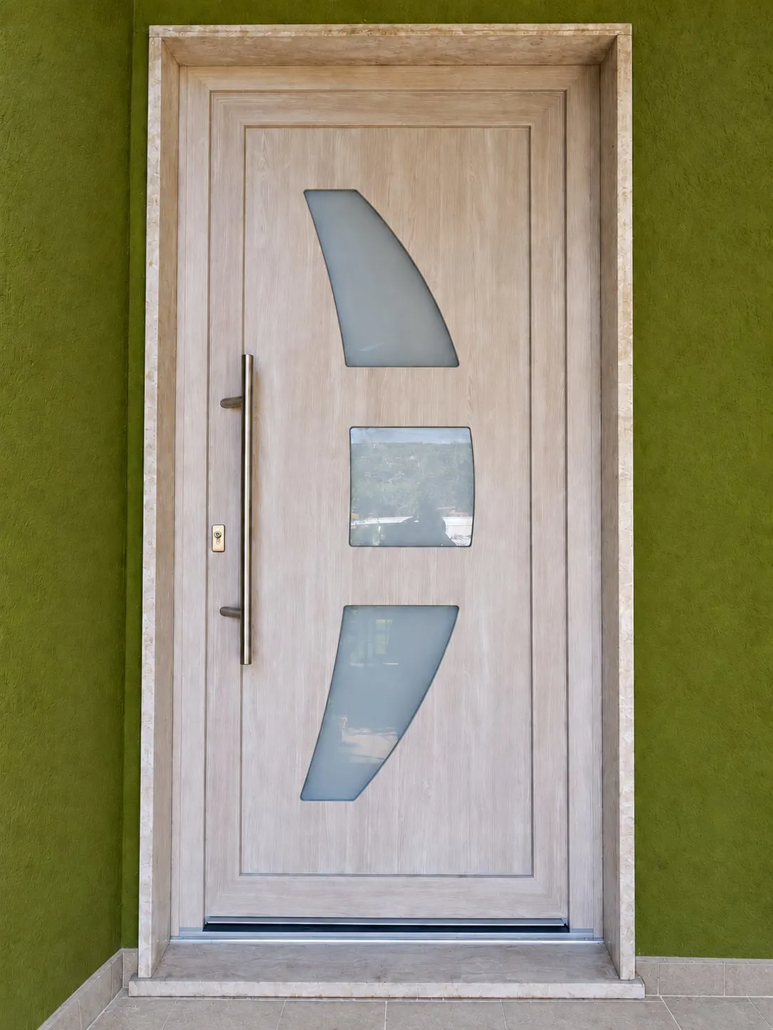Portoncino effetto legno Matt Alpine Cool Wood con vetri sagomati